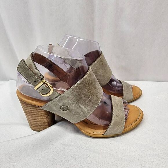 Born Women's 8M Slingback Sandals Gray Leather Double Strap Open Toe Block Heel - Picture 2 of 6
